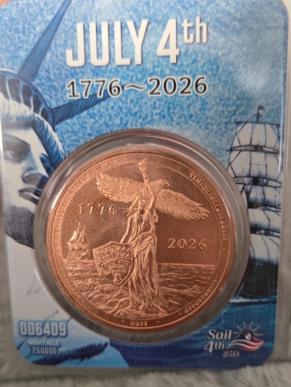 1 Oz Copper Round 250th Sail 4th July 4th 1776-2026 250,000 Mintage Number USA